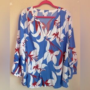 Liz Claiborne Blue White Red Tropical Floral Ruffle Sleeve V Neck Blouse 1X